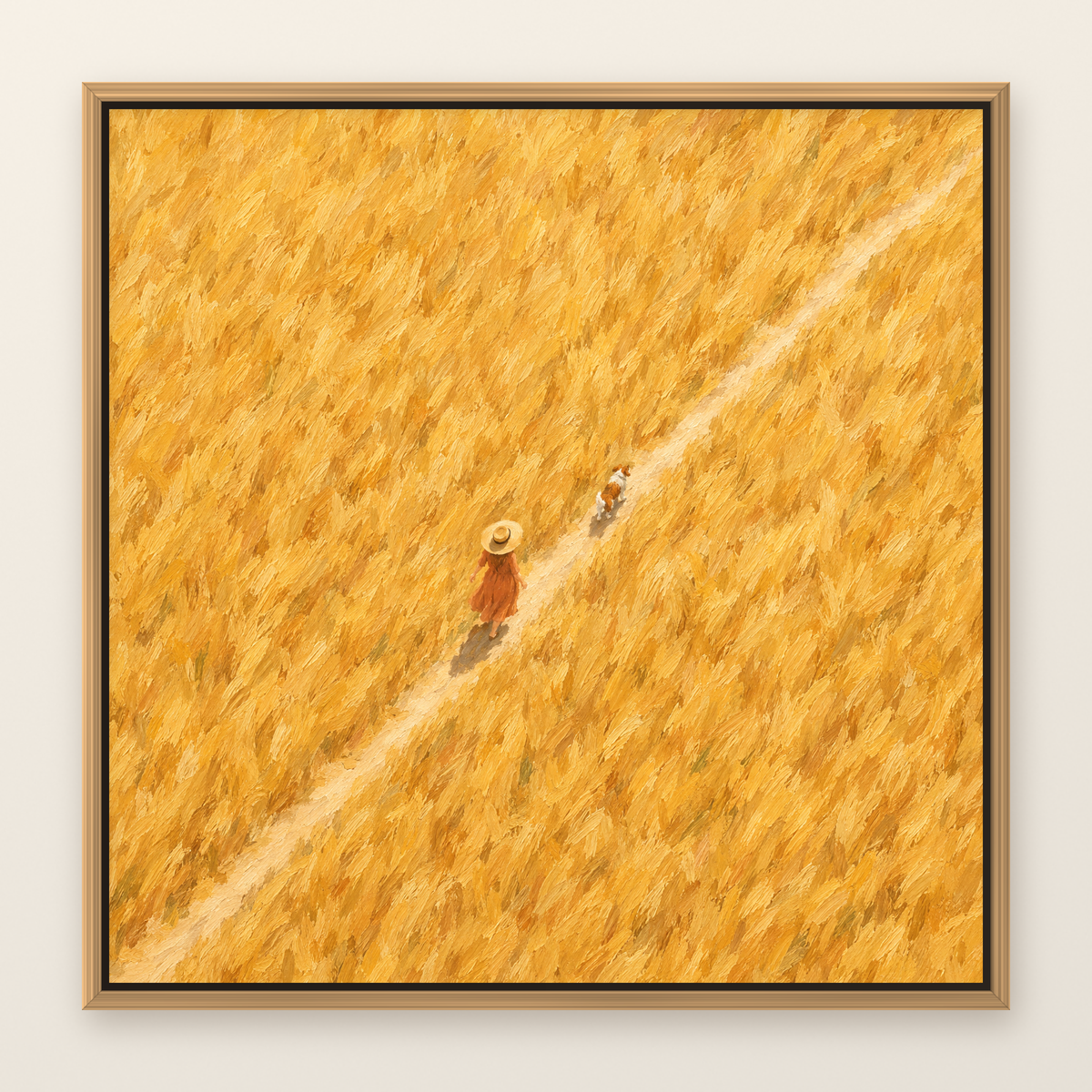 Aerial oil painting of a woman in a straw hat walking a dog through a golden wheat field, shown in a slim oak floater frame on a warm white wall