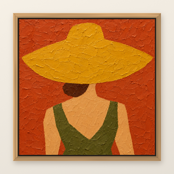 Oil painting of a woman in an oversized straw hat seen from behind, shown in a slim oak floater frame on a warm white wall