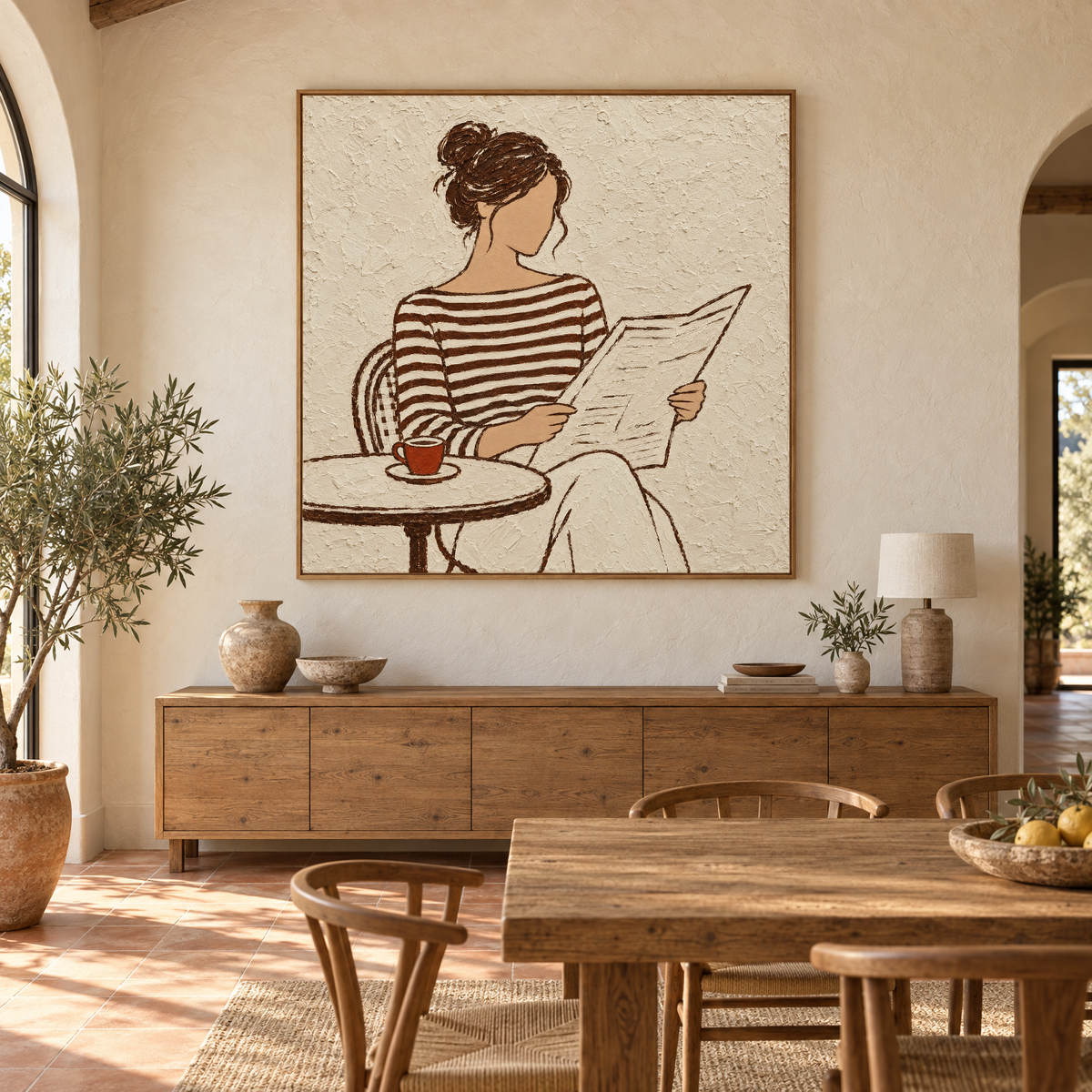 Oversized 72x72 inch line art oil painting of a woman in a striped top reading at a cafe table above a sideboard in a sunlit Mediterranean villa dining room