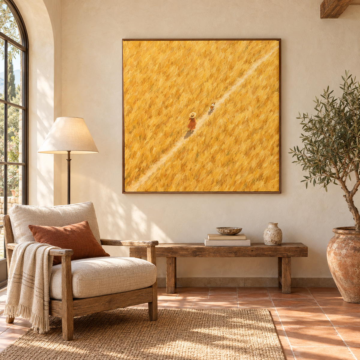 40x40 inch aerial oil painting of a woman in a straw hat walking a dog through a golden wheat field in a walnut frame in a sunlit Mediterranean villa reading corner