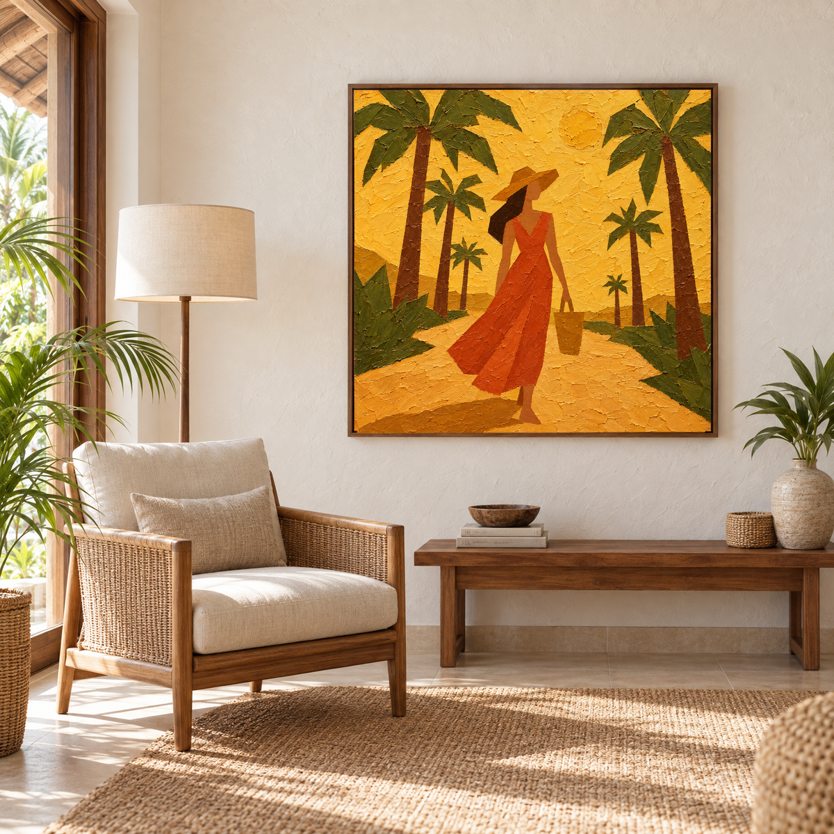 40x40 inch oil painting of a woman in a terracotta dress walking under palm trees in a walnut frame in a tropical resort-style reading corner