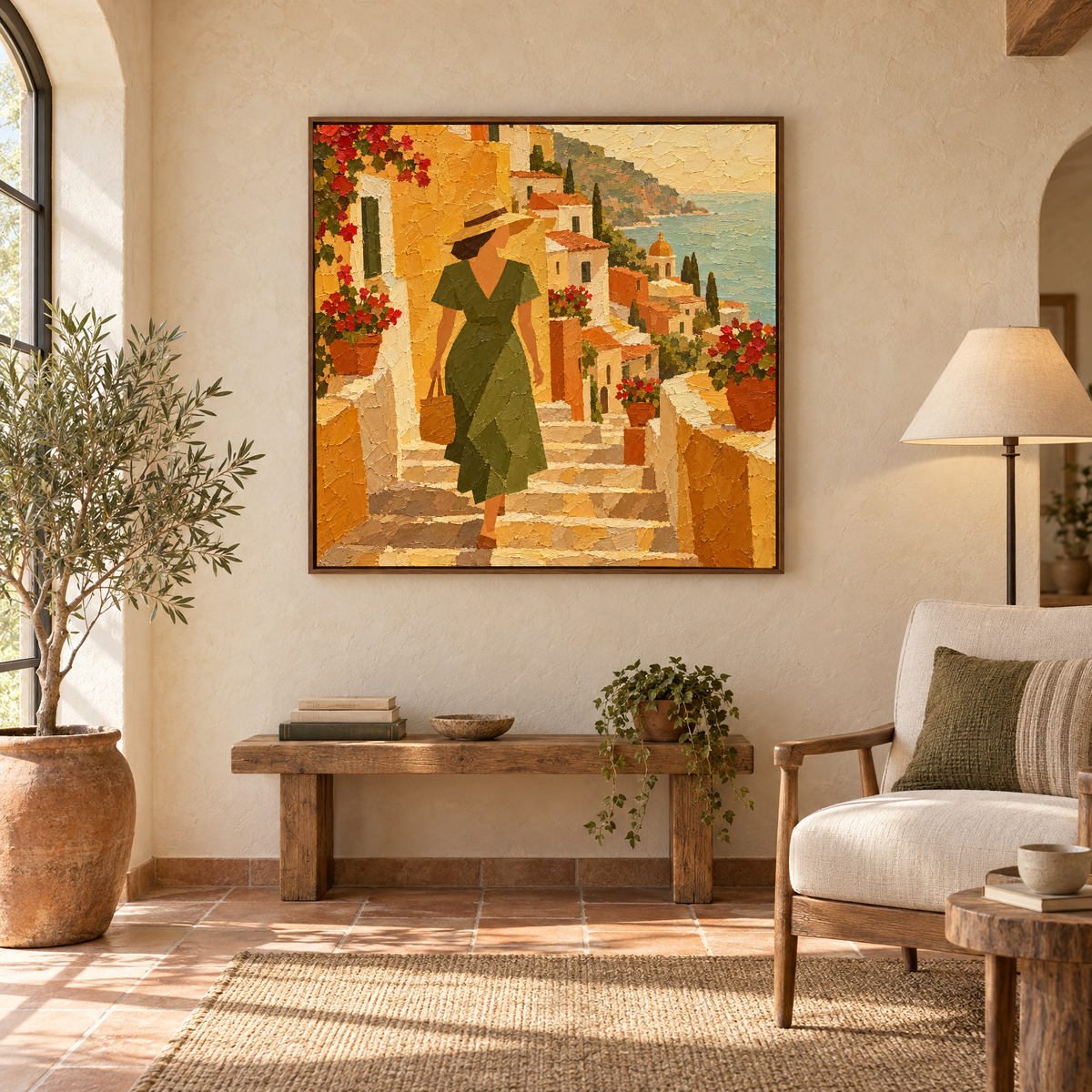 40x40 inch Amalfi Coast oil painting of a woman walking down sunlit village steps in a walnut frame in a sunlit Mediterranean villa reading corner
