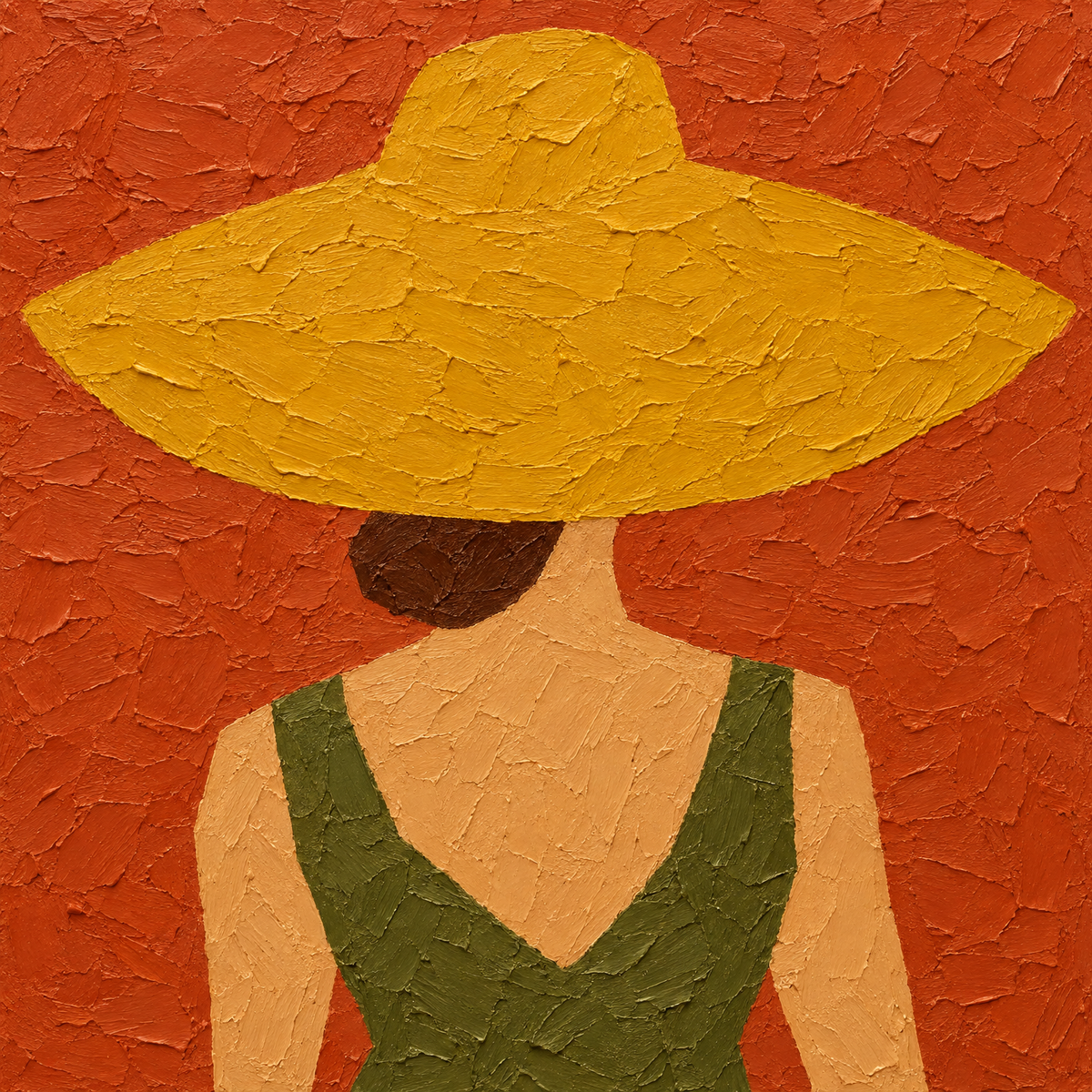 Oil painting of a woman in an oversized straw hat seen from behind, full artwork detail