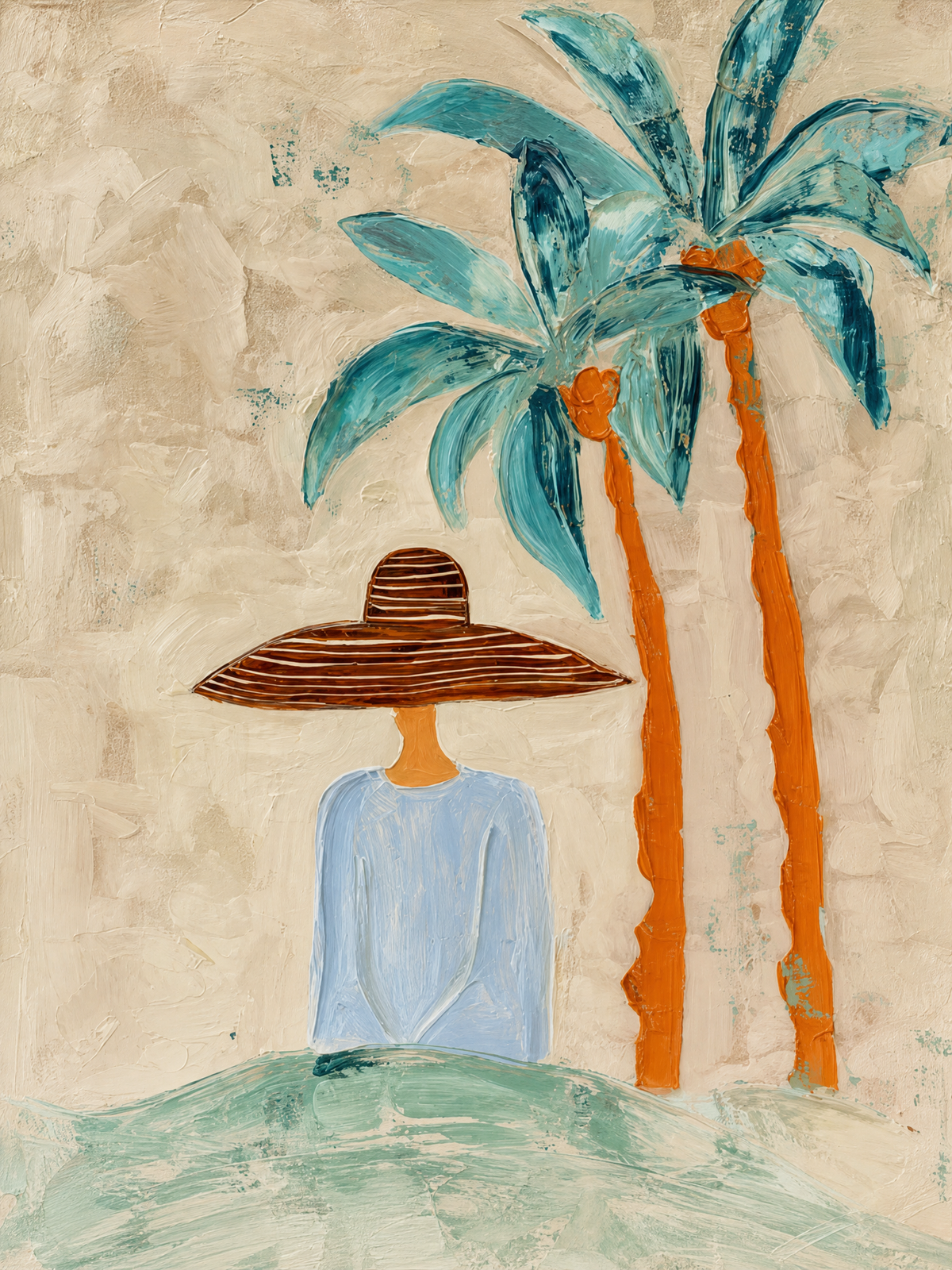 Woman in Sun Hat Beneath Teal Palms
