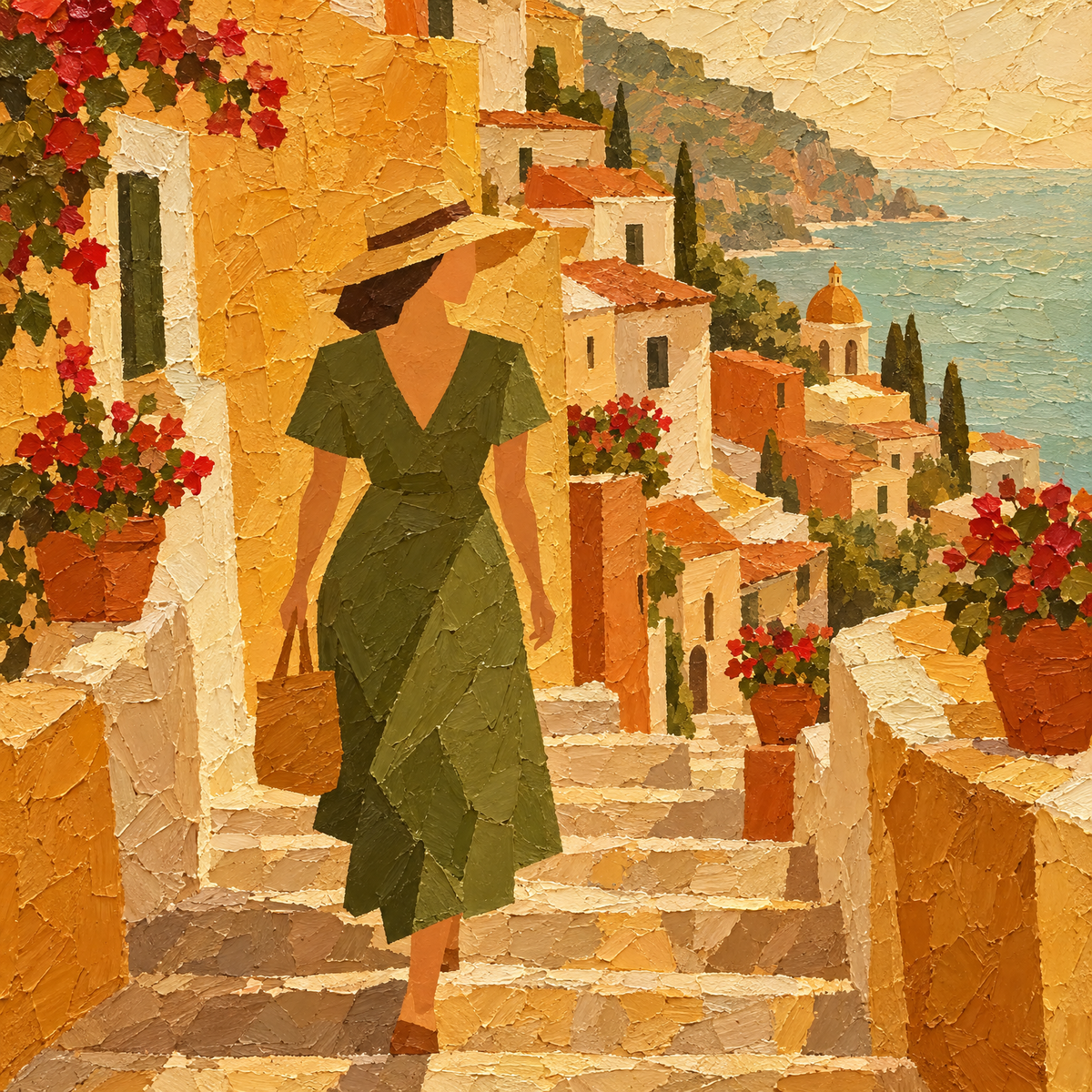 Amalfi Coast oil painting of a woman walking down sunlit village steps, full artwork detail