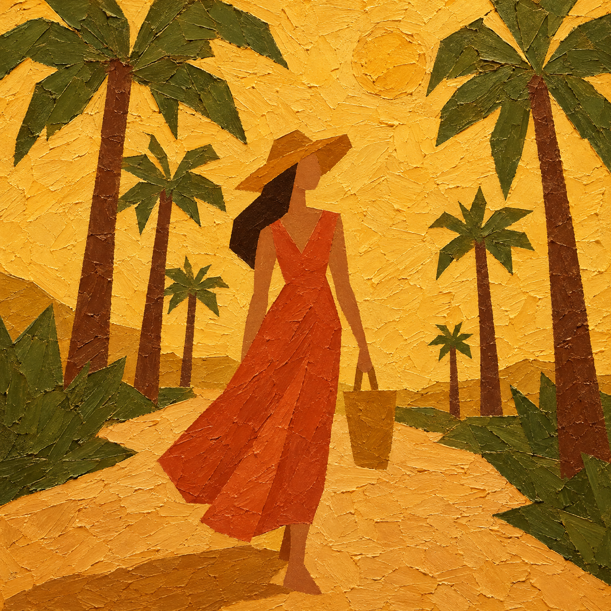 Oil painting of a woman in a terracotta dress walking under palm trees, full artwork detail