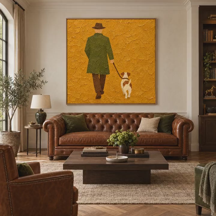 Video of the oil painting of a man in an olive coat walking a small dog