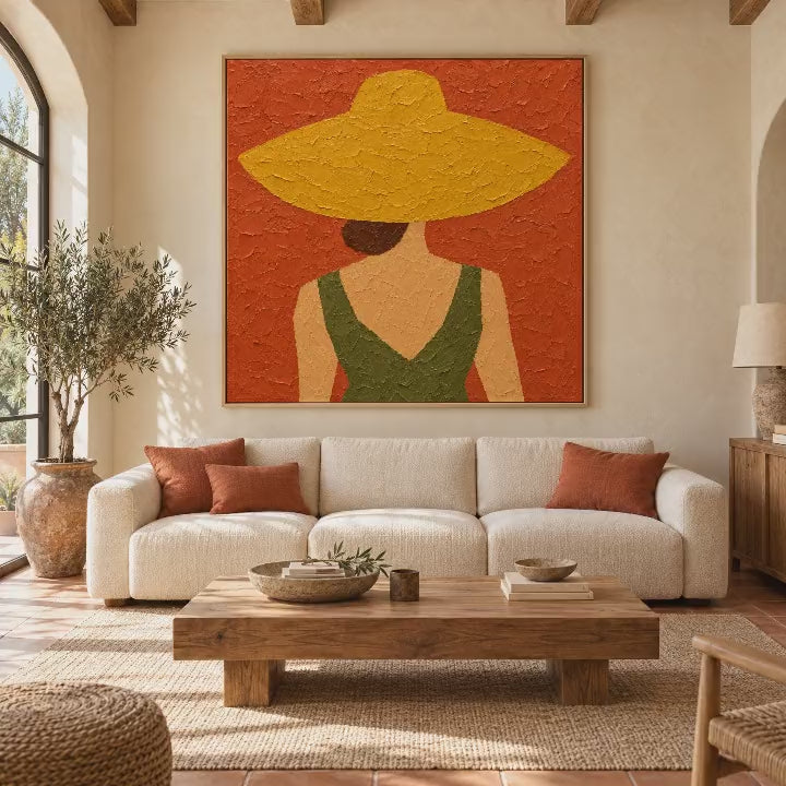 Video of the oil painting of a woman in an oversized straw hat seen from behind