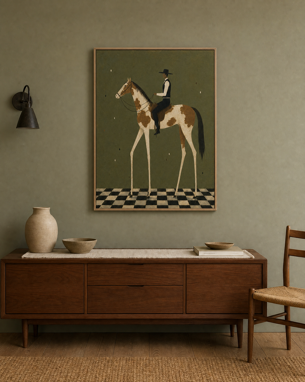 Long-Legged Pinto Rider on Olive Ground