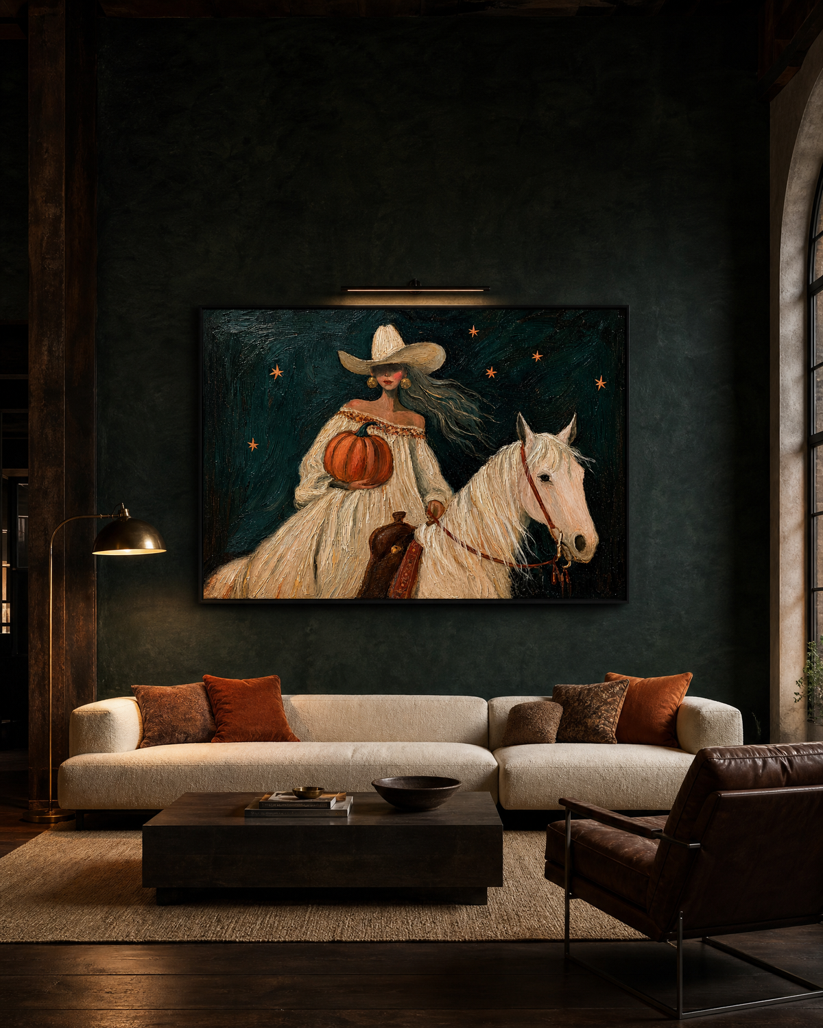 Cowgirl with Pumpkin on White Horse