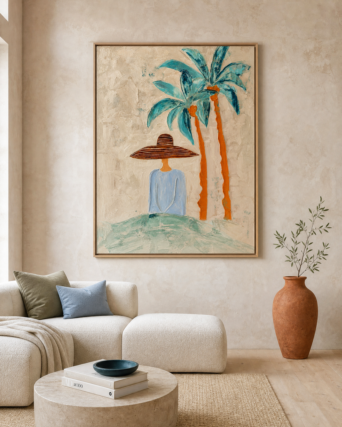 Woman in Sun Hat Beneath Teal Palms