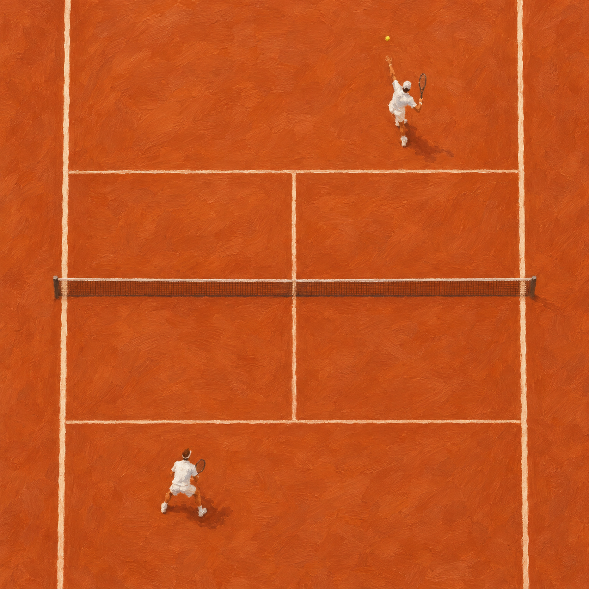 Aerial clay tennis court oil painting, full artwork detail